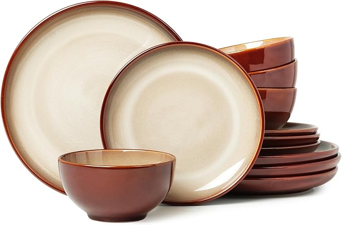 Pokini Stoneware Dinnerware Set Service for 4, 12 pcs Reactive Glaze Plates and Bowls Sets, Handmade Round Dishes Set, Highly Chip and Crack Resistant Modern Plate Set, Brown Yellow