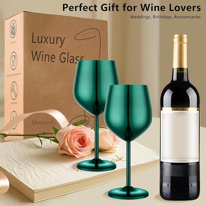 UNISWEET Unbreakable Stainless Steel Wine Glasses Set of 2, Green | 17oz Unique Fancy Metal Wine Goblets, Shatterproof, Ideal for Outdoor, Camping, Travel, Pool, Great Gift for Wine Lovers