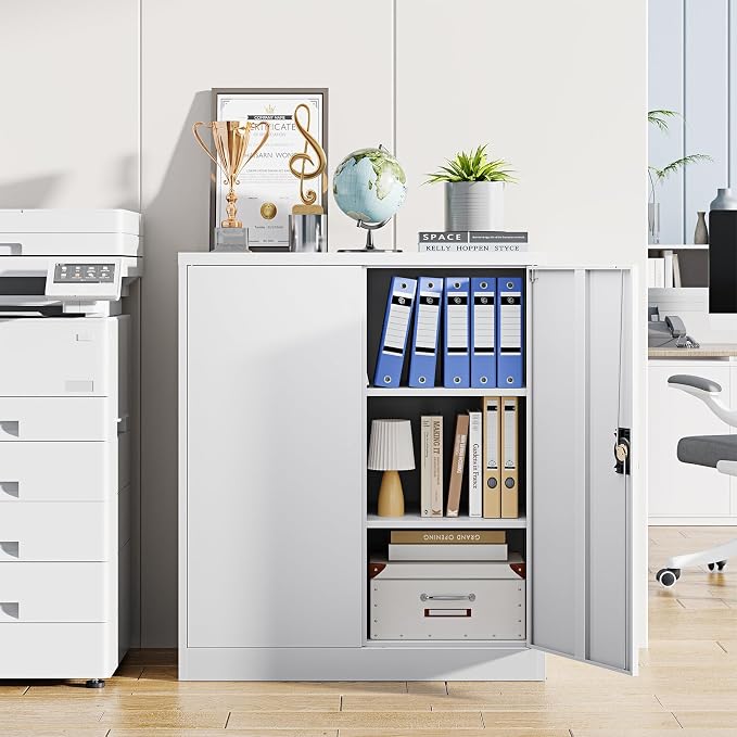 Metal Storage Cabinets with Lock Door,2 Adjustable Shelves Organizer Steel Storage Cabinets for Home,Office,Warehouse,Garage,Employee Lockers(White)
