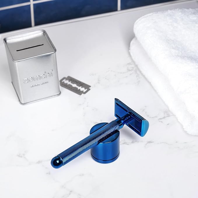 Double Edge Safety Razor with Stand, Version 2.0 Includes 10 Blades | Premium noble blue finish with a vibrant metallic appearance and durable coating.
