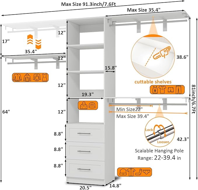 96 inch Closet System with Wooden Drawers, 5FT-8FT Closet Organizer System with Shelving Tower, Walkin Closet System with Expandable Hanging Rods & Movable Shelves, Wall Mount, 91.3”*14.8”*81”,White