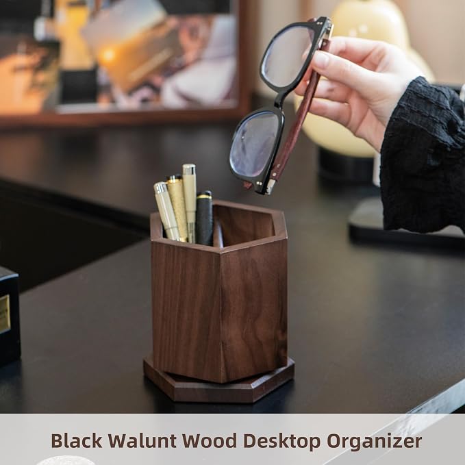 Solid Black Walnut Wood Utensil Holder,Rotating Pen Holder for Desk