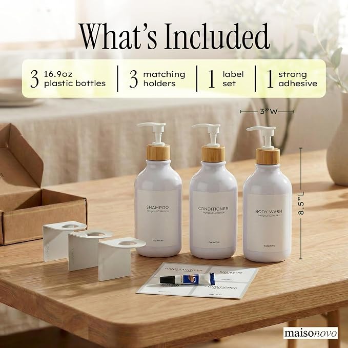 Shampoo and Conditioner Dispenser Wall Mounted Set of 3 White Bamboo - No Drill Shower Soap Dispenser for Bathroom Refillable - Spa Hotel Style Accessories by MaisoNovo