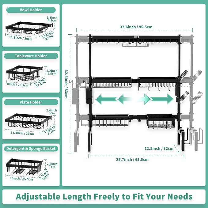 Over The Sink Dish Drying Rack,Expandable Length 3-Tier Large Stainless Steel Over The Sink Dish Rack with 6 Baskets, Utensil Holder Dish Drainers for Kitchen Counter | Stainless Steel, with 6 Baskets & Utensil Holder, for Kitchen Counter, Black