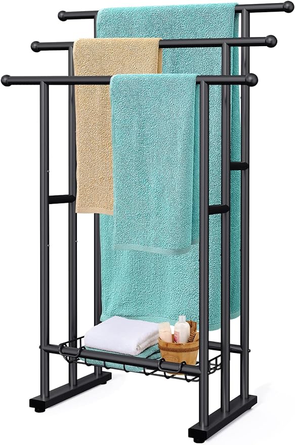 Kayfia 40" H Free Standing Towel Rack, 3 Tier Alloy Steel Stand with Basket, Blanket Drying and Display Rack for Oversized Bath Towels Bathroom Accessories, Next to Tub or Shower