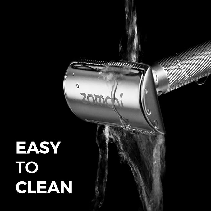Double Edge Safety Razor with Stand, Version 2.0 Includes 10 Blades | Classic silver finish with a clean metallic look that complements any grooming setup.
