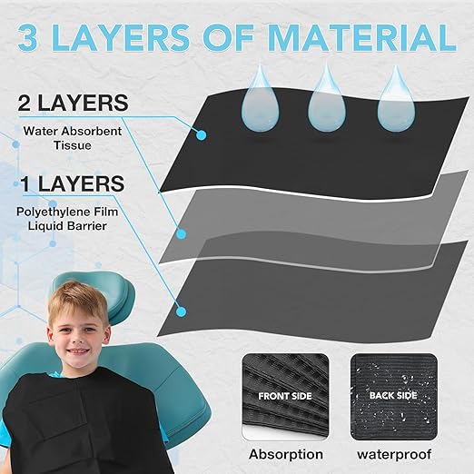 550 Pack Disposable Dental Bibs 13"x18", 3-Ply Waterproof Tattoo Bibs Sheet for Nail Salon, Dental Clinic, Feeding, Tattoo Shop (Black)