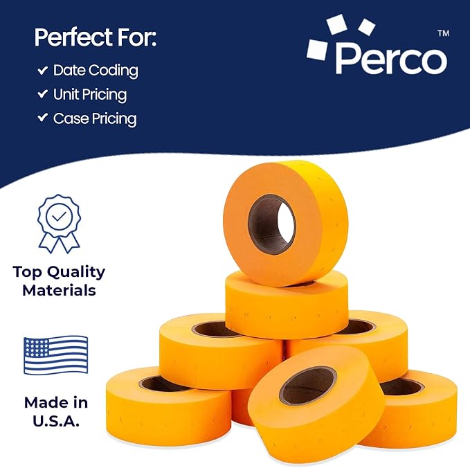 Perco 1 Line Fluorescent Orange Labels - 32,000 Blank Price and Date Gun Labels for Perco Lite, X, Plus and Pro 1 Line Price and Date Guns - 32 Rolls, 4 Sleeves - Made in USA