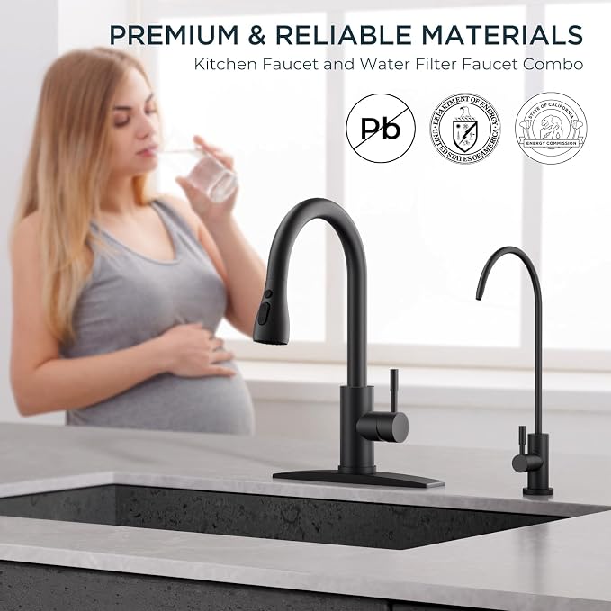 FORIOUS Kitchen Faucet and Water Filter Faucet Combo, Black Stainless Steel Bar Faucet Pull Down Sprayer and Drinking Purifier Faucet for Kitchen Sink RV Farmhouse Camper