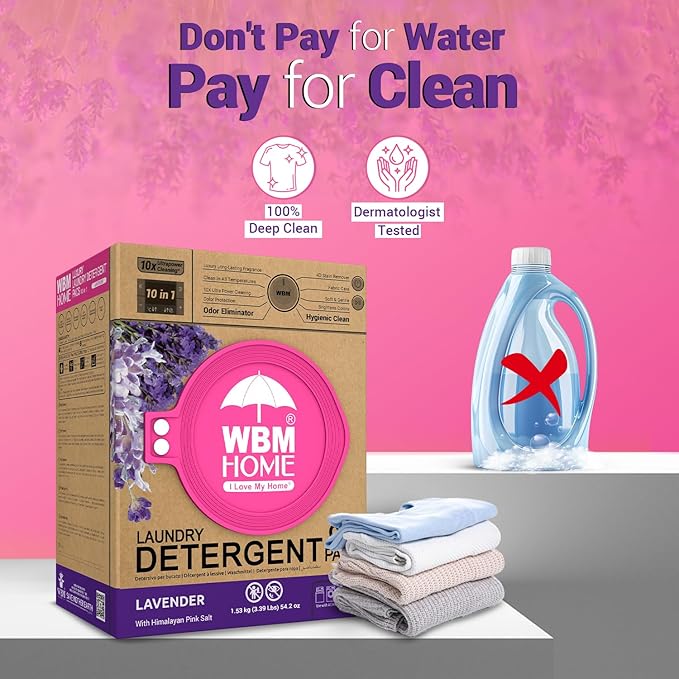 WBM 10-in-1 Laundry Pods with Softener & Scent Booster, 96 Count, High Efficiency (HE), Fabric Softener, Lavender Extracts, Stain Lifter, Eco-Friendly, Gentle, Fresh