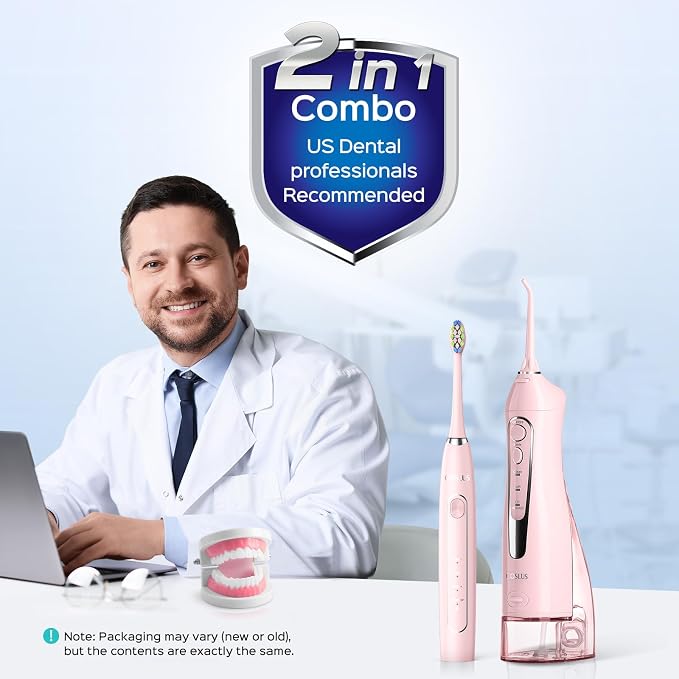 COSLUS C20C41 Water Flosser Electric Toothbrush Combo, 2-1 Oral Clean Kit | Brushing & Flossing for Teeth & Braces Cleaning, Gums Care, Portable Travel Use, Gift for Family, Adults, BPA-Free, Pink
