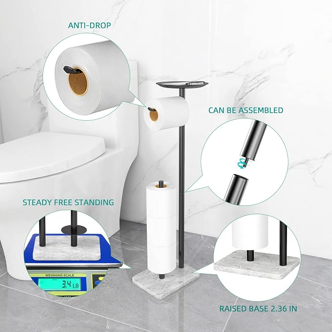 FEILERN Toilet Paper Holder Stand for Bathroom Floor Standing Toilet Roll Dispenser Storages 4 Reserve Rolls, with Top Storage Shelf for Cell Phones, Wipe, Wallet and More(Marble Black)