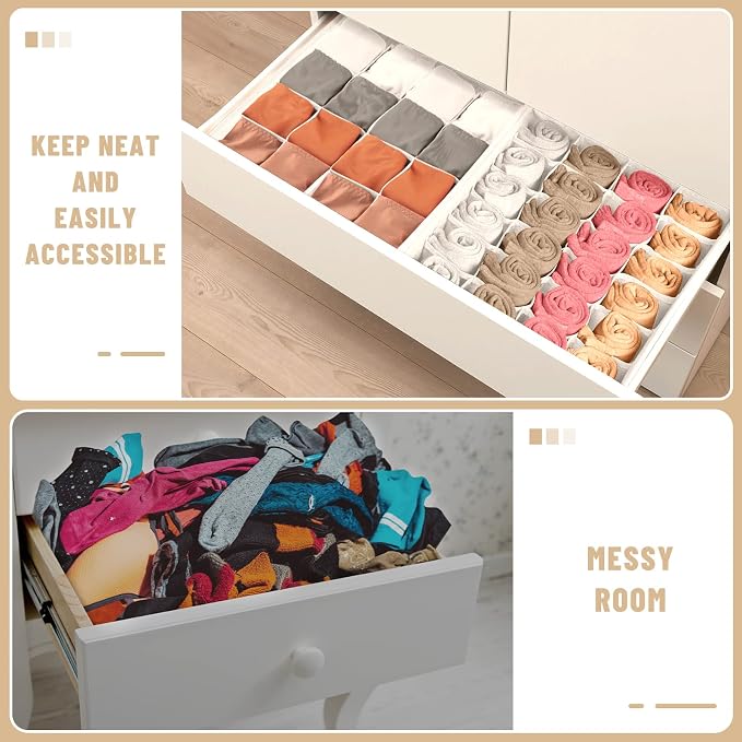 Criusia 3 Pack Sock Underwear Drawer Organizer Dividers, 64 Cell Fabric Foldable Cabinet Closet Organizers and Storage Boxes for Storing Socks, Panties, Ties (16+24+24 Cell, White)