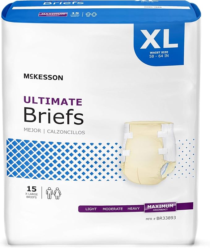 McKesson Ultimate Briefs, [60 Count], Size XL, 58-64 in. Incontinence Adult Diapers with Tabs, Maximum Absorbency, Unisex, Disposable, Elastic Leg Gathers and Contoured Fit for Men and Women