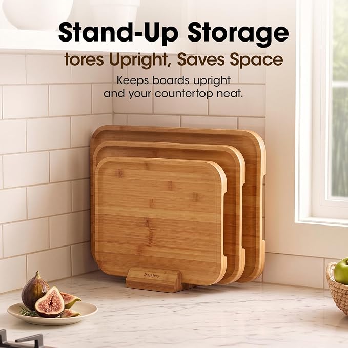 FSC-Certified Deep-Carbonized Bamboo Cutting Board for Kitchen with Wood Stand