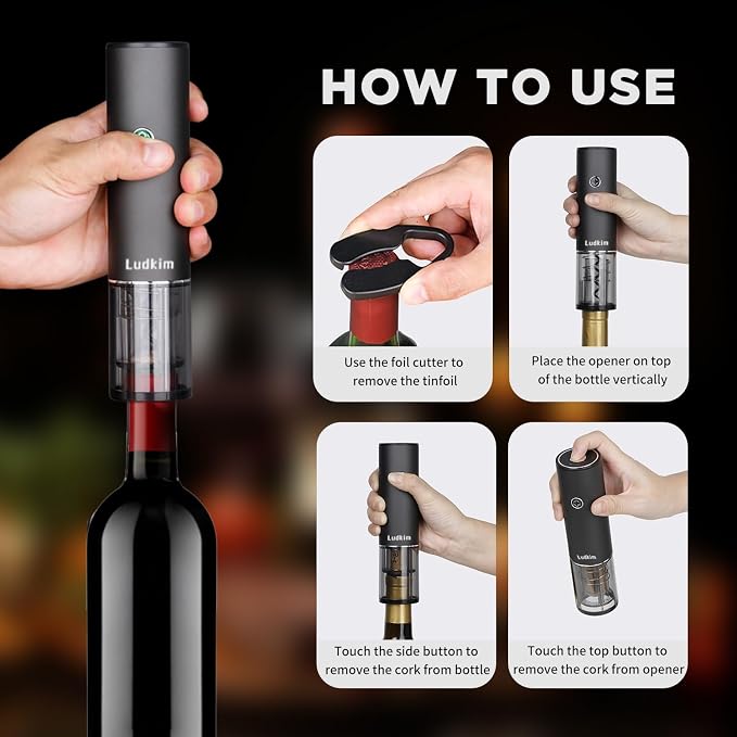 Rechageable Electric Wine Opener Gift Set, Auto Wine Aerator Dispenser, Wine Corkscrew Kit, Automatic Wine Saver Vaccum Pump, Foil Cutter, 4-in-1 Cordless rechargeable Bottle Opener Gift Box