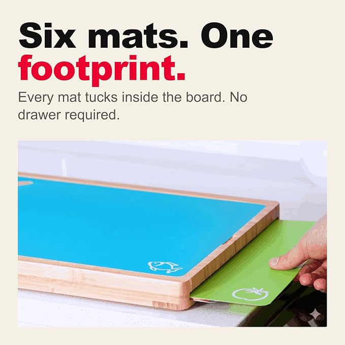 Bamboo Cutting Board Set with 6 Color Coded Flexible Mats Food Icons, BPA-Free Non Slip Easy Clean Cutting Boards for Kitchen with Holder, Dishwasher Safe, Meal Prep & Serving, Large | Cooler Kitchen