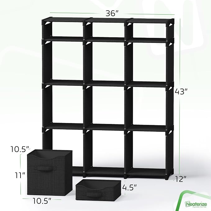 Cube Storage Organizer with 12 Storage Bins Included – Storage Cubes for Home Organization, Toy Storage, Office Storage, Living Room Storage, and General Storage Solution (Black)