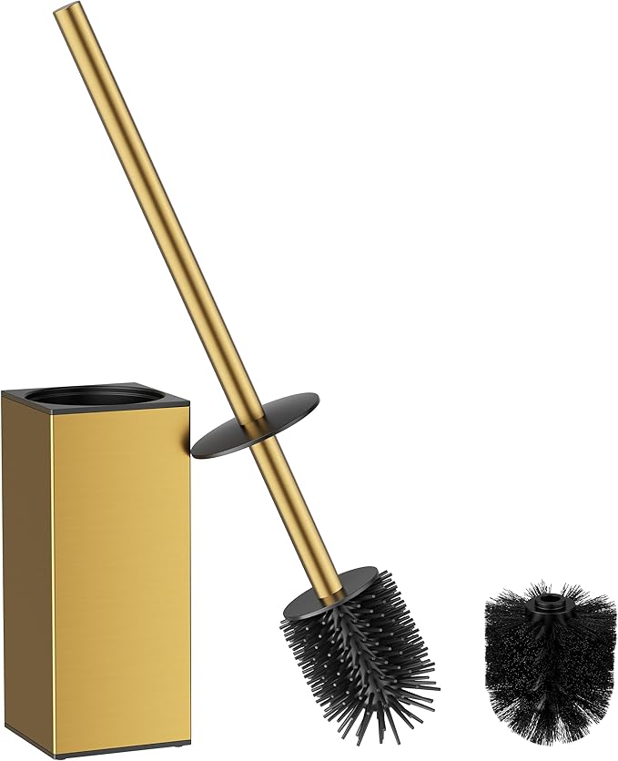 FORIOUS Toilet Brush and Holder Set, SUS304 Stainless Steel Square Base, Extended Long Handle, Drip-Proof & Space Saving, 2 Replaceable Brush Heads, Plastic & Silicone Dual Brush Head, Drak Gold