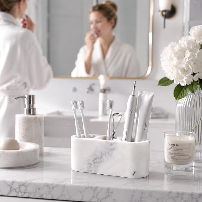 BCS Toothbrush Holder for Bathrooms, 3 Slots Marble Toothbrush Organizer, Makeup Brush Stand Toothbrush Storage Collection for Bathroom Countertop Vanity Organization - Grigio Fantasy