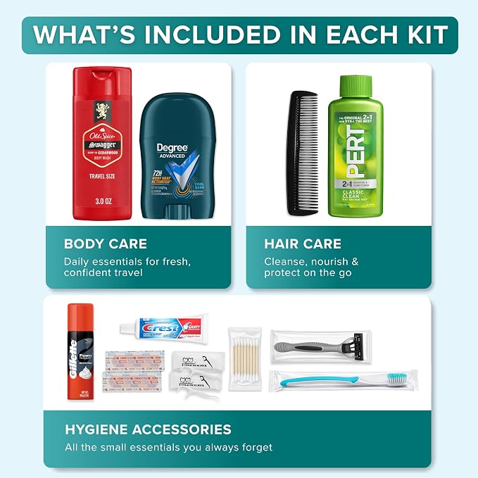 Bulk 100 Case Pack of Mens 15 Piece Set Hygiene Kits, Bulk Travel Size Toiletries Kits, Deodorant, Shampoo, Body Wash, Shaving Cream, Razor, Toothbrush, Toothpaste, Comb, Flossers, Swabs