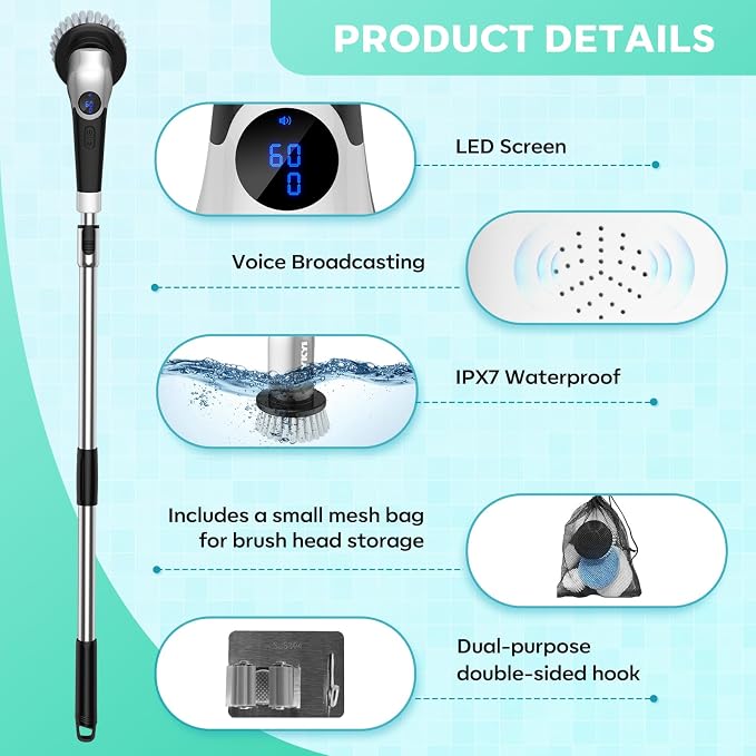 YKYI Electric Spin Scrubber, Cordless Cleaning Brush with 8 Replaceable Brush Heads, Power Scrubber with Adjustable Extension Handle for Bathroom, Tub, Tile, Floor and Kitchen Cleaning (Violet)