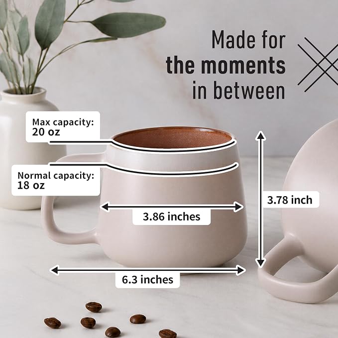 Ava Nord Large Stoneware Ceramic Coffee Mugs Set of 2 | 20 oz | Rose Sand | Lead-Free, Non-Toxic, Freezer - Microwave & Dishwasher Safe, Comfortable Handle, Aesthetic Nordic Design for Tea, Cocoa
