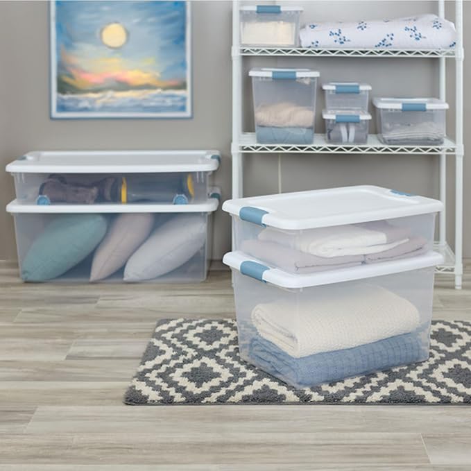 Sterilite 12-Pack Latching Box, Under Bed Storage Bins with Lids, Clear Plastic, 25 Quart - Heavy-Duty Organizing Containers for Closet, Bathroom, and Office