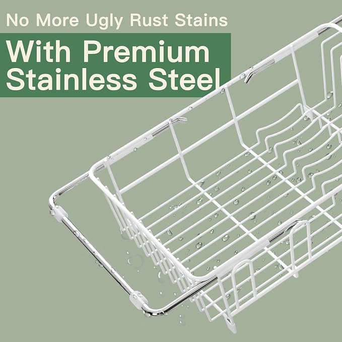White Dish Drying Rack Over The Sink with Utensil Holder | Expandable Stainless Steel Dish Drainer for Small Kitchen, Apartment, RV, Counter Space Saving, Perfect Fit, Rustproof