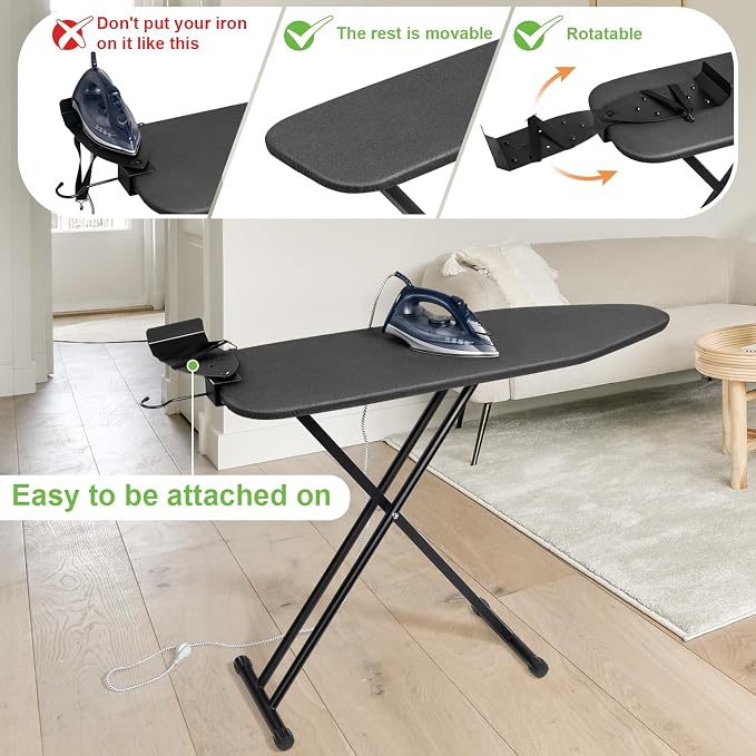 Duwee 13"×43" Ironing Board Full Size with Moveable Iron Holder,Black | Iron Board with Heat Resistant Cover Thicken Felt Pad,Folding Adjustable Height Compact Ironing Board