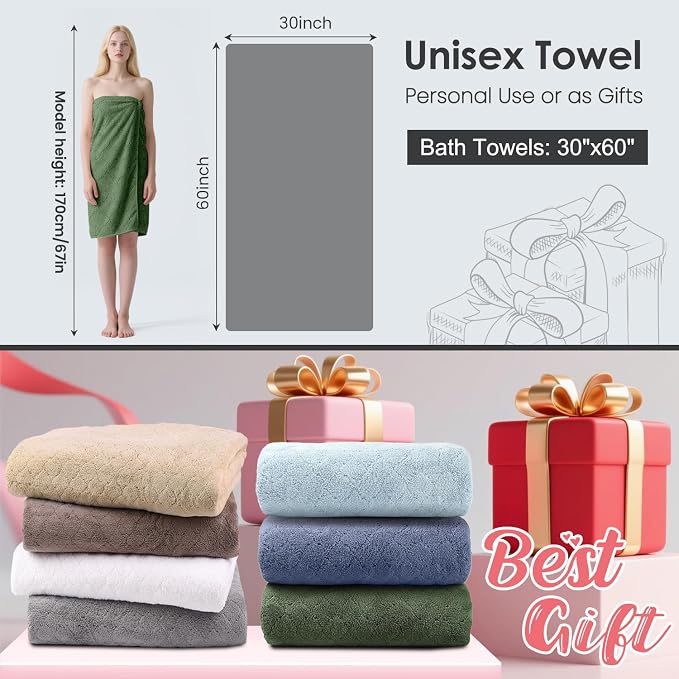 JML Pack of 4 Large Bath Towels, 30"x60", Olive-Green | Hanging Loop, Super Soft, Absorbent, Lint Free, Fade Resistant, Lightweight, Quick Dry, Use for SPA , Sauna, Salon Hair Wrap