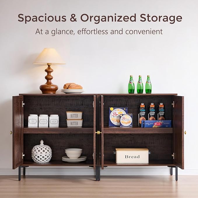 IFGET 61.75" W Modern Arched Sideboard Buffet Cabinet with Storage, Brown | Fluted Arch Sideboard Cabinet w/Adjustable Shelves, Wooden Modular Kitchen Cabinet for Dining& Living Room, Entryway