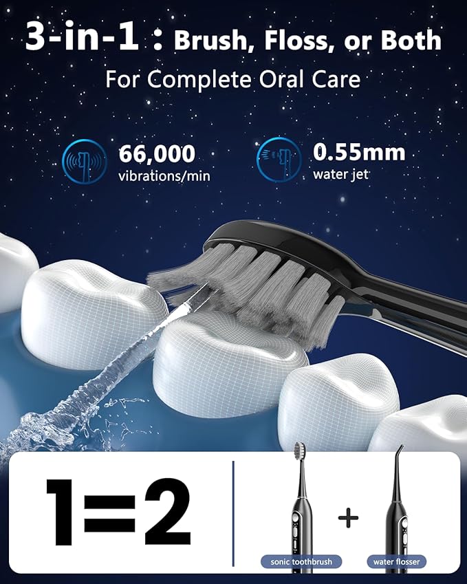 Electric Toothbrush with Water Flosser, 3-in-1 Sonic Brush & Oral Irrigator Combo for Adults, Cordless Brush & Floss System with 5 Brush Heads, 3 Modes, 30-Day Battery, for Braces & Sensitive Gums-BL