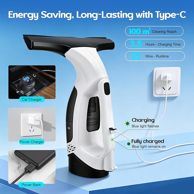 Cordless Window Vacuum Squeegee, 1.8-2 KPA Electric Window Vacuum Cleaner Tool with 0.8-1M Extendable Pole, Silicone Cleaning Scraper, 150ML Water Tank, 2200mAh IPX4, for Shower Glass, Car, Kitchen