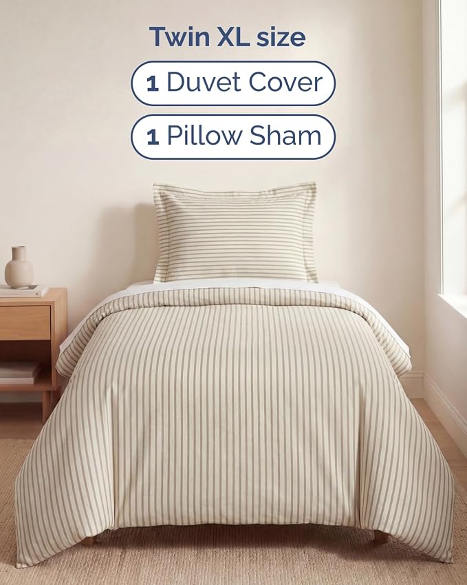 Duvet Cover Twin/Twin XL Size Set - Extra Soft Twin/Twin XL Duvet Cover 68" x 90" with 1 Pillow Sham for Women, Men, Kids & Teens - Easy-Care & Fade Free with Zipper Closures & Ties (Beige Stripes)