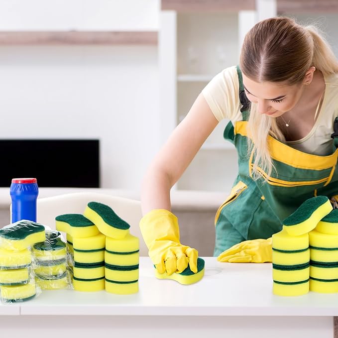 Tanlade 1000 Pcs Individually Wrapped Sponges Kitchen Bulk Non Scratch Scouring Sponges for Dishes Household Cleaning Travel Apartments Hotel Car (Yellow Green)
