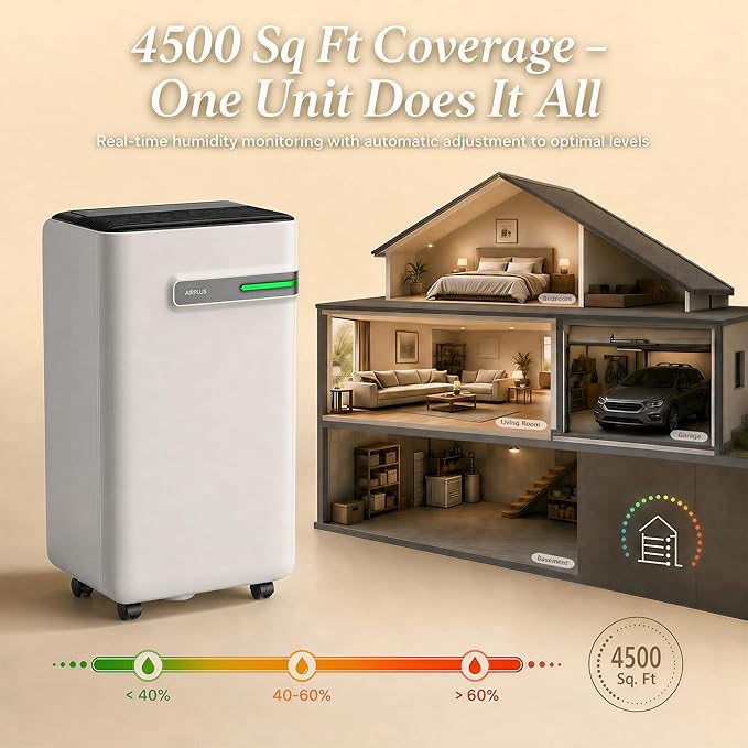 AIRPLUS Dehumidifier for Basement - 4,500 Sq. Ft. 70 Pints, Multifunctional Dehumidifier with Drain Hose & Auto Shut-Off Function, Powerful Dehumidifiers for Home(AP2103)