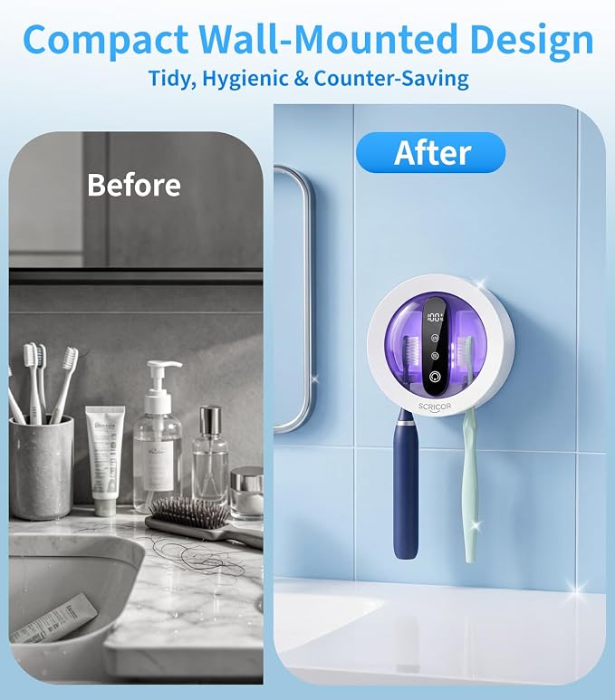 2026 Upgraded Toothbrush Holder with Dual UV & Heated Drying, Wall Mounted Toothbrush Organizer for Bathroom, Type-C Rechargeable Covered 2-Slot Storage for Manual and Electric Toothbrushes