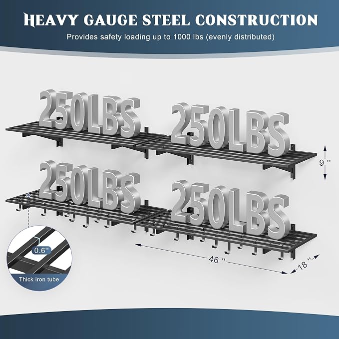Jusgym 4-Pack 1.5x4ft Garage Shelving Wall Mounted, 1.5 x 4' Heavy Duty Garage Storage Shelves with Hooks, 1000LB Capacity