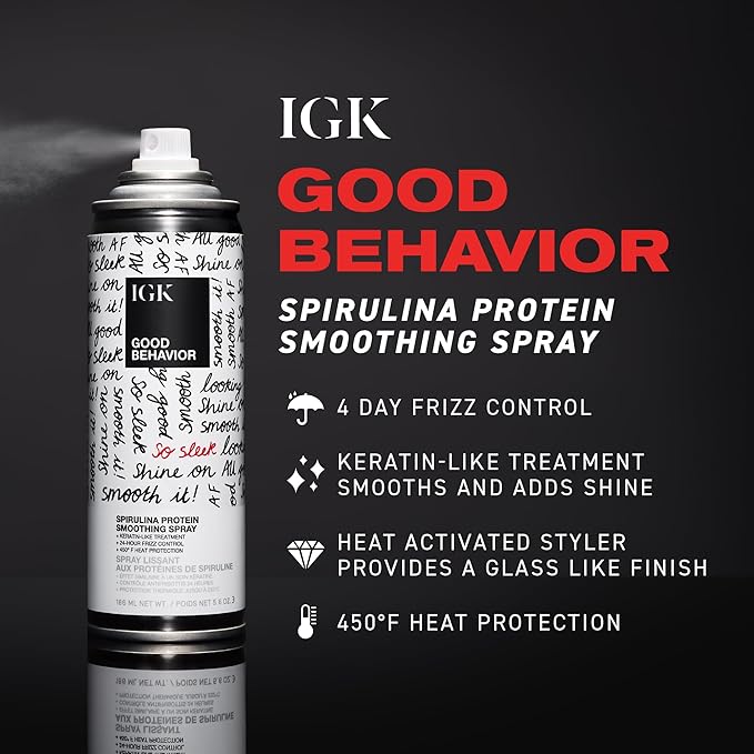 IGK Good Behavior Smoothing Spray 12 oz | 4 Day Anti-Frizz Heat Protectant with 450°F Protection | Keratin-Like Finish for Sleek, Shiny Hair | Lightweight, Vegan & Color Safe
