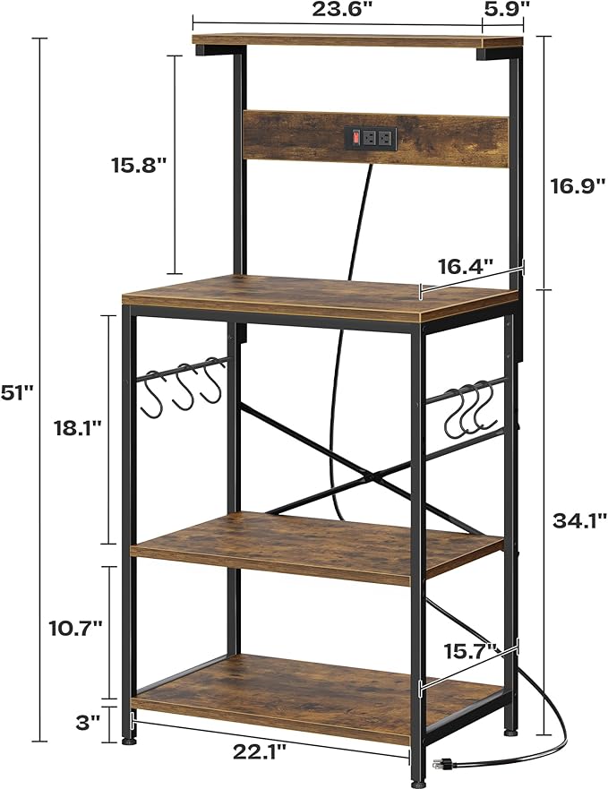 SUPERJARE Kitchen Bakers Rack with Power Outlet, Coffee Bar Table 4 Tiers, Kitchen Microwave Stand with 6 S-shaped Hooks, Storage Shelf Rack for Spices, Pots and Pans - Rustic Brown