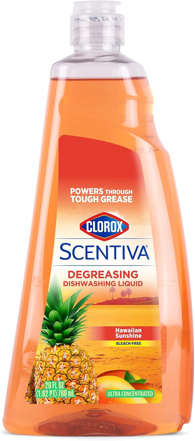 Clorox Scentiva Liquid Dish Soap, Hawaiian Sunshine Scent - Ultra-Concentrated Dishwashing Detergent That Cuts Through Grease and Tackles Tough Messes, Bleach-Free, 26 Fl Oz