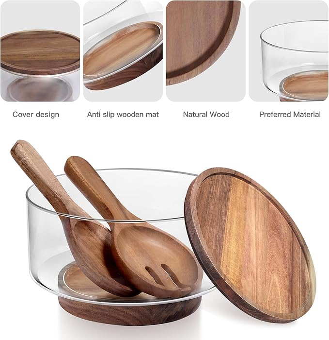 Large Glass Salad Bowls Set | Party Glass Mixing Bowl with Acacia Wood Lid Base and Serving Utensil | Elegant and Practical Serving Bowl for Kitchen