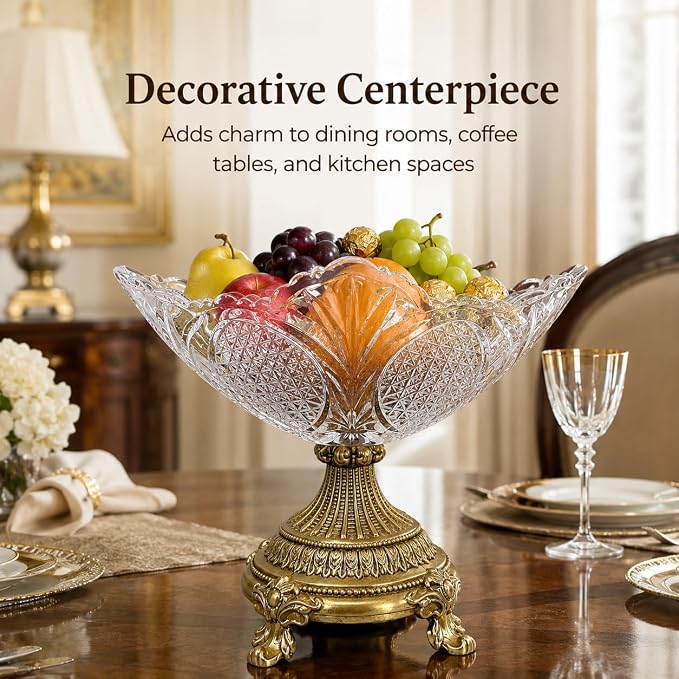 Glass Fruit Bowl，Decorative Bowl,Decorative Glass Bowl with Gold Pedestal, Kitchen Counter Fruit Bowls for Fruit Vegetable Candy and Key