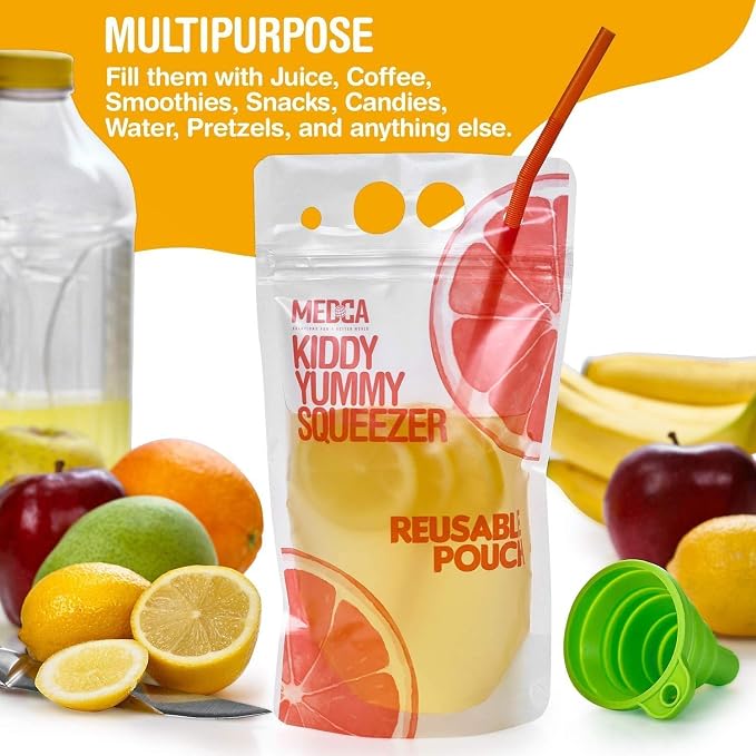 Reusable Drink Pouches - 200 Clear Drink Bags with 200 Straws - Double Zipper Reusable Smoothie Pouches Juice, Clear Zipper Pouch Storage Bags, Leak-Free and BPA Free