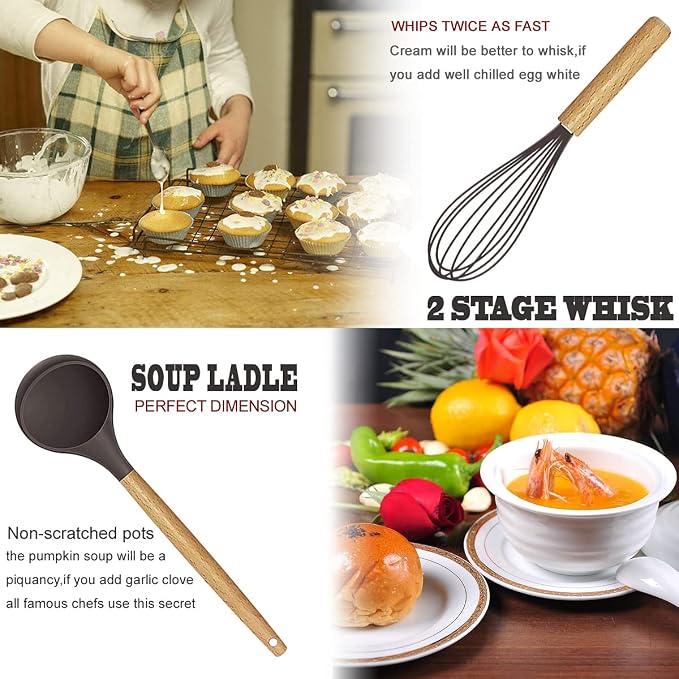 Cooking Utensils Set- 35 PCs Kitchen Utensils with Grater,Tongs, Spoon Spatula &Turner Made of Heat Resistant Food Grade Silicone and Wooden Handles Kitchen Gadgets Tools Set for Cookware