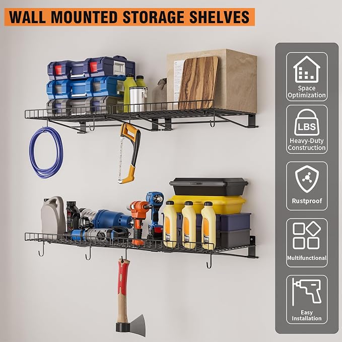 6 Pack Foldable Wall Shelf, Wall Mounted Garage Storage Shelves, Heavy Duty Wall Shelving Supports Up To 270 LBS. Floating Shelves With 12 Hooks Metal Storage Rack for Office, Kitchen and Laundry Room