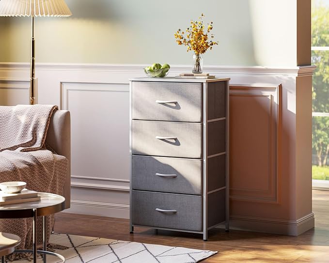 AODK Small Dresser for Bedroom with 4 Storage Drawers, Light Grey | Dressers Chest of Drawers Fabric Dresser with Sturdy Steel Frame, Dressers for Closet with Wood Top