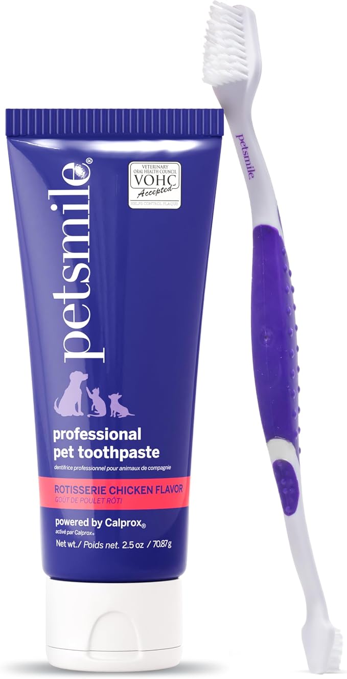 Petsmile Teeth Brushing Kit, Toothpaste + Brush, Rotisserie Chicken 2.5 Oz | Toothpaste + 45° Patented Brush, VOHC Accepted, Calprox® Powered, Fights Plaque + Tartar, Remineralizes Teeth, 4-Month Supply