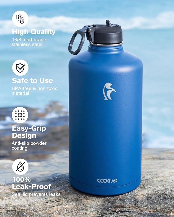 Coolflask 128 oz Gallon Water Bottle Insulated with Straw&3 Lids, Water Jug Large Stainless Steel Metal Vacuum Wide Mouth for Sports, Gym or Office, Non-BPA Keep Cold 48H Hot 24H, King's Blue
